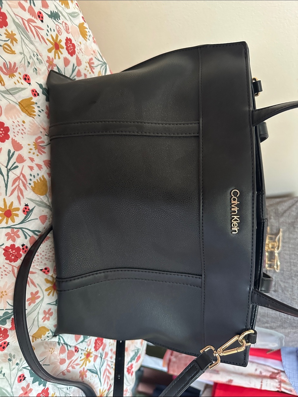 Calvin Klein Black Structured Tote with Gold Logo